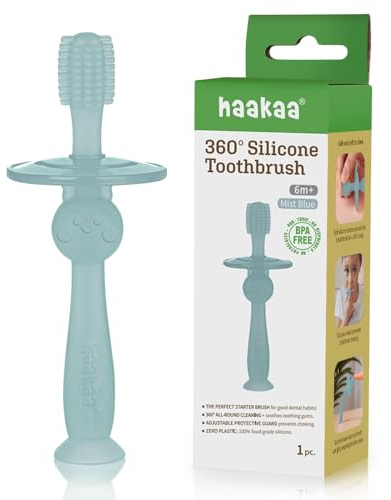 haakaa 360° Silicone Baby Toothbrush – 100% Soft Food Grade Silicone, BPA-Free, Suction Base, Safe for Babies 6 Months+, Gentle Gum and Teeth Cleaning for Infants, Gum Massager (Mist Blue)