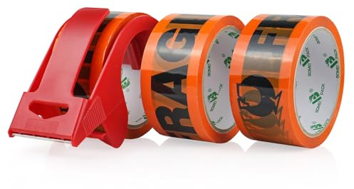 BOMEI PACK Fragile Orange Packing Tape 3Rolls 48mm x 66m with dispenser Durable Heavy Duty Packaging tape for Shipping Moving Boxes&Office Use -Strong Adheisve Parcel Tape for Cartons Mailing&Storage