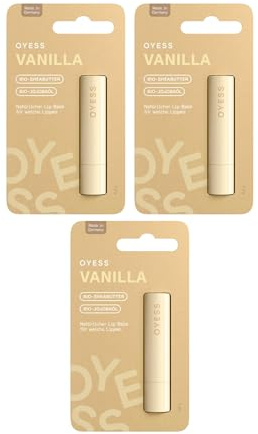 OYESS Juego de 3 bálsamos labiales de vainilla – (3 × 4,8 g) cuidado de labios orgánico con vainilla, jojoba y karité, hidratación natural para labios secos