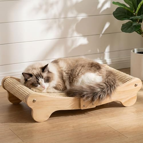 Griffoir pour Chats en Sisal Naturel & Bois Massif, 60 x 37,5 x 14 cm