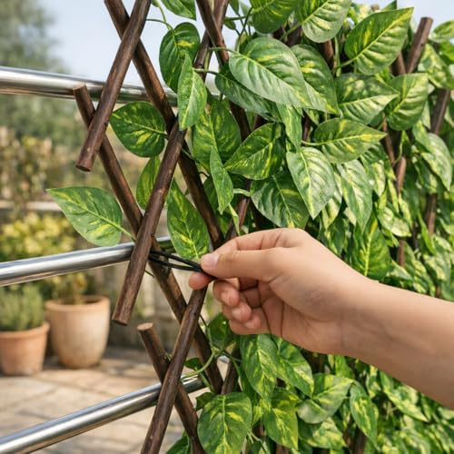Siepe Artificiale Con Foglie Su Traliccio Estensibile in Legno Salice Divisorio Ringhiera Recinzione Edera Giardino Frangivista Ornamentale Sintetica Balcone 1x2 mt (1 Pezzo)
