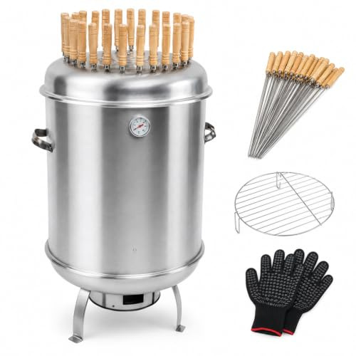 WPWSDWMX Horno Ahumador Vertical Carbón Acero Inoxidable 73cm, Barril Asador Sin Humo con Termómetro, 48 Brochetas para Jardín Camping