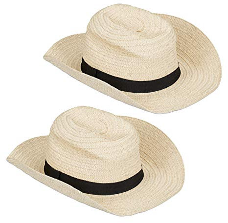 Relaxdays 2 x Panamahut, Cooler Strohhut im Mafia Look, Damen & Herren, Fasching, Bogart Hut mit schwarzem Stoffband, beige