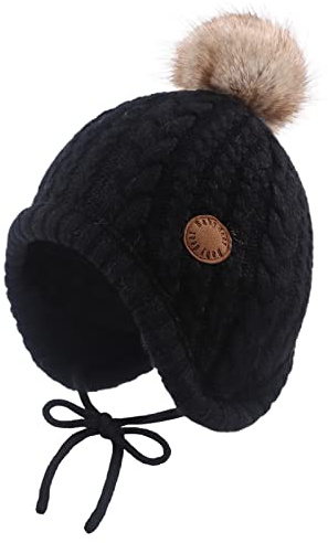 XIAOHAWANG Vintermössa för baby pojkar sammet foder småbarn barn mössa öronlapp varm baby hattar för flickor med pompom, Svart, 3 år