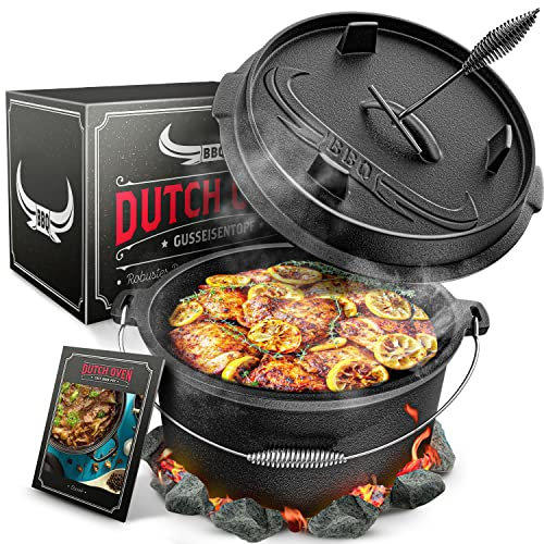 Taste of Fire [Das Original] - 7,4 Liter Dutch Oven Set mit Standfüßen & 1,8 Liter Deckel mit Doppelfunktion zusätzlich als Grillpfanne nutzbar – inkl. Deckelheber und E-Book
