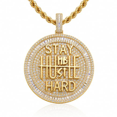 ICEDIAMOND 14K Iced Out Super Bling Round Coin Pendant Chain Necklace, Gold Plated Full Shiny CZ Diamond Encourage Charm Hip Hop Jewelry for Men Women (Gold)