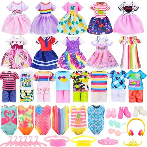 30 PCS Mini 6 Inch Doll Clothes and Accessories Include 4 Tops, 4 Pants for Boy Dolls, 5 Dresses , 2 Swimsuit and 2 Shoes, 10 Outfits Hangers Pocket Glasses Headset Crown for 5.3-6 Inch Dolls