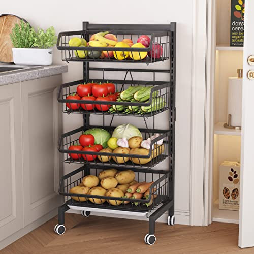 COVAODQ vegetable rack,kitchen storage trolley,vegetable trolley on wheels,4 tier storage trolley,vegetable trolleys for kitchens(87 x 39 x 31cm), Black