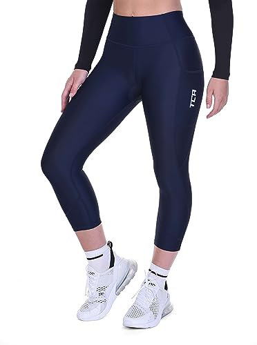 Damen 3/4 Gepolsterte Radleggings mit hoher Taille, atmungsaktive Fahrradshorts mit Taschen, rutschfest und schnelltrocknend - Dunkelblau, L