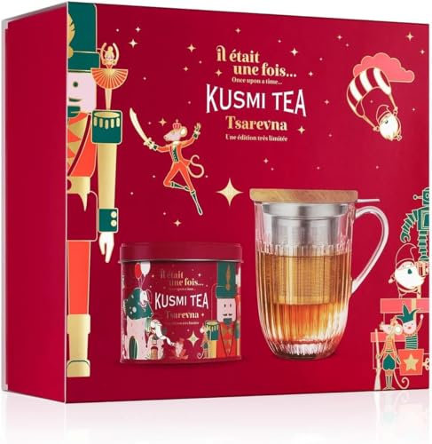 Kusmi Tea - Coffret Tsarevna Bio Édition 2023 - Casse-Noisette - Thé noir et tisanière - Coffret d'une boîte de thé noir aromatisé avec une tisanière en verre