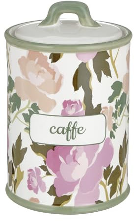 Baroni Home Pot à Café en Céramique Décoré, Pot de Rangement de Cuisine avec Couvercle Hermétique pour Sauver l’Arôme, Porte Café en Poudre de Qualité, Ligne Rose, 11x11x17 cm