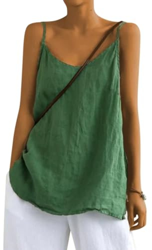 Onsoyours Tee Shirt sans Manches Femme Col en V Débardeur Haut Coton Lin Blouse Tunique Casual Couleur Unie Hauts Sexy Mode Lâche Respirant Chemise Top A Vert S