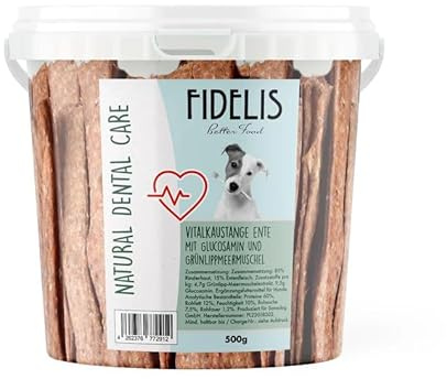 Fidelis - Vital tuggstång anka med glukosamin – funktionella tandvårdssnacks för hundar 500 g hink – lufttorkat av 100 % naturliga råvaror – hundgodis som mellanmål för tandhygien