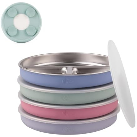 Elk and Friends Platos de acero inoxidable subdivididos con funda de silicona para bebés y niños pequeños, tapa incluida, ventosa, platos de comida y aperitivos, 4 unidades