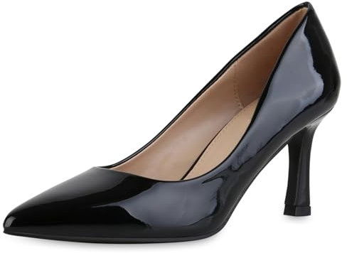 VAN HILL Damen Spitze Pumps Stiletto Lack Klassisch Schuhe 216475 Schwarz Lack 36