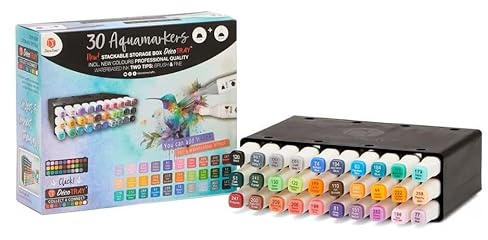 Decotime Lot de 30 marqueurs Aqua à double pointe, plateau décoratif empilable – Lot de stylos pinceaux aquarelle – Non toxiques pour enfants à partir de 3 ans – Stylos de coloriage professionnels