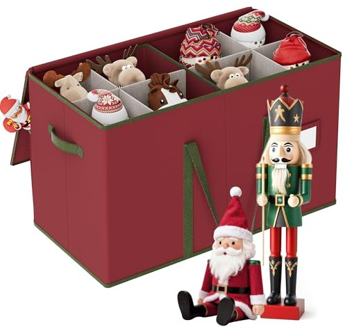 XIVIRACK Scatola portaoggetti per statuine natalizie e schiaccianoci da 38 cm, organizer per decorazioni 8 scomparti e 2 tasche, doppia cerniera, Oxford 600D, 63 x 31 x 38,5 cm, Rosso