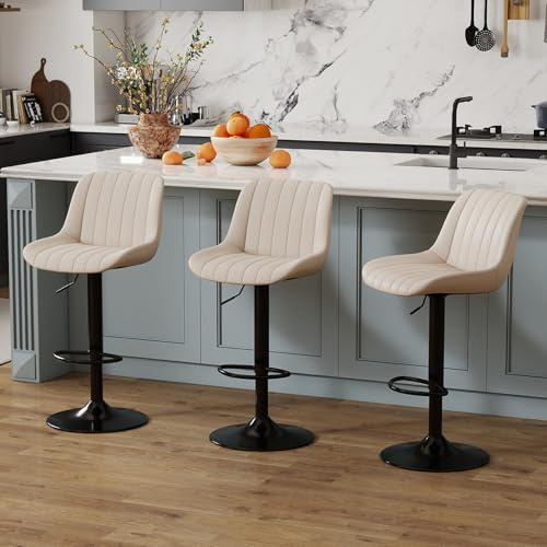 Youhauchair Sgabelli Cucina Set di 3, Sgabello Cucina Regolabile in Altezza con Schienale, Sgabelli Bar in Pelle PU, Sgabello Alto Moderni Design, Beige