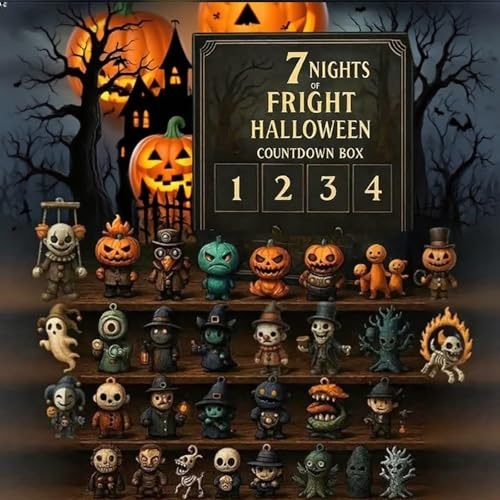 31 Nights of Fright, Halloween Advent Calendar 2025, Halloween Countdown Calendar Advent Box with Figurines, Horror Doll Collectible, Mini Ornaments & Hanging Charms (7 Days)