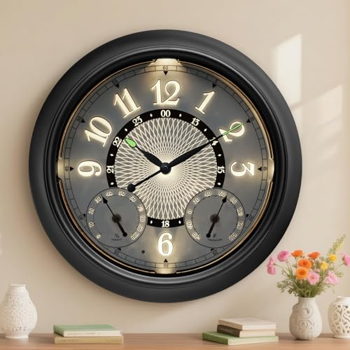 Pytha Sight Illuminated Large Metal Outdoor Clocks Waterproof 18 Inches With AI Auto Light Smart Sensor,Extra Big Indoor Outdoor Wall Clocks With Thermometer & Hygrometer for Patio, Pool, Garden,Porch