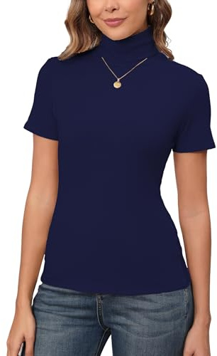 Enjoyoself Maglione Maniche Corte in Cotone Collo Alto Pullover Elegante a Maglieria-Blu Marino/S