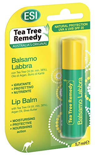 ESI - Tea Tree Remedy Balsamo Labbra SPF 20, con Olio di Argan, Burro di Karité e Vitamina E, Contrasta gli Arrossamenti e Nutre in Profondità, Ipoallergenico, Dermatologicamente Testato, 5,7 ml