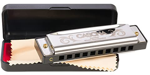 CASCHA Mundharmonika in C-Dur inklusive Case und Pflegetuch, Special Blues Country Mouth Harmonica, für Anfänger und Kinder, Silber
