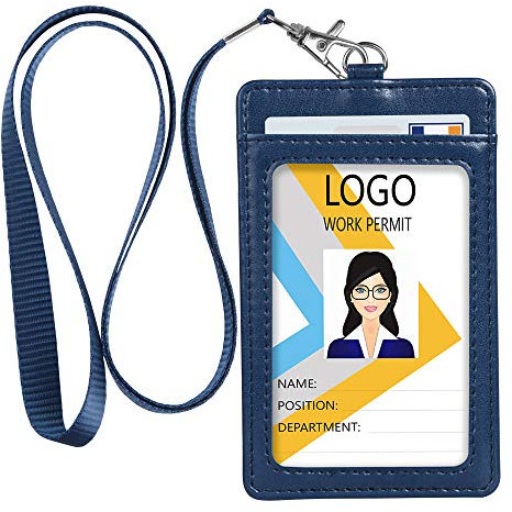 Teskyer Card Holder with Lanyard, ID Badge Holder with Clear Window and Holds 2 Cards, PU Leather Vertical Badge Holder for ID Cards, Offices, Schools, Bus Passes, Blue