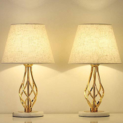 LIANTRAL Set di 2 lampade da comodino, moderna lampada da tavolo con base in marmo e paralume in lino, Oro lampada per camera da letto, soggiorno, dormitorio, decorazione
