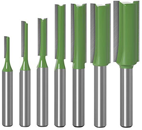 Saipe 7pcs Tungsten Carbide Double&Single Flute Straight Dado Router Bit Set, 1/8, 5/32, 3/16, 1/4, 5/16, 3/8”, 1/2” Trimming Cutter for Woodworking, Green