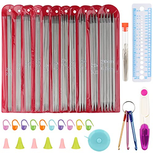 Coopay Juego de agujas de tejer de metal, 2.0-6.5 mm, acero inoxidable, doble puntiagudo con accesorios de punto, 20 cm, agujas de tejer cortas rectas para calcetines y proyectos pequeños