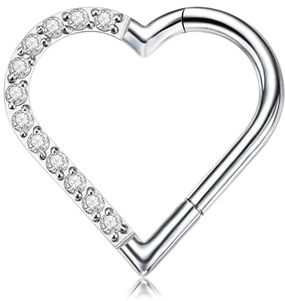 FINE4U Heart Daith Piercing Jewelry 16G 10mm Right Ear,ASTM F136 Titanium Clicker Daith Earrings for Women, Cartilage Earring for Gift Idea, 16G(1.2mm), Titanium Cubic Zirconia, cubic zirconia