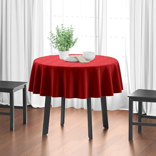 Encasa XO Baumwoll-Canvas-Tischdecke | Tiefrot Einfarbig | Rechteckige Größe 140 cm-Round | Esstischdecke zur Dekoration – maschinenwaschbar