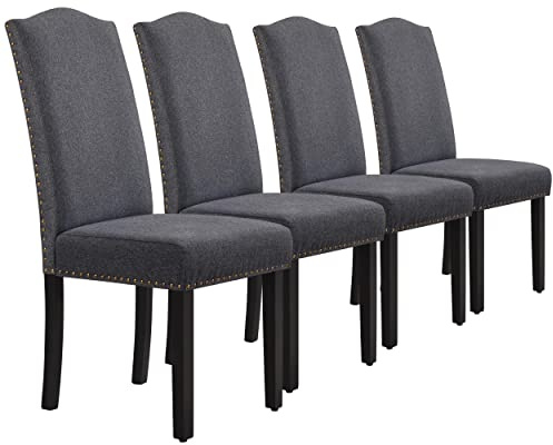 Yaheetech Set 4 Sedie Sala da Pranzo Imbottite Moderne Schienale Alto in Tessuto Eleganti Gambe in Legno Massello Schienale Alto con Bottoni Imbottiti Portata 136 kg Grigio Scuro