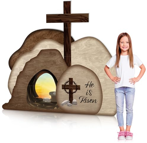Geyoga 59.1'' x 52.2'' Easter Empty Tomb PVC Scene Set He is Risen Resurrection Display with Crosses on Top of Rock Signs Religious Resurrection Props for Jesus Sunday Decor