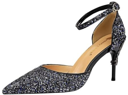IvoireCh Escarpins à talons moyens sexy pour femme - Bout fermé - Sangle de cheville à paillettes scintillantes - Sandales à talons de 7,6 cm - Chaussures de mariage pour femme, bleu, 39 EU