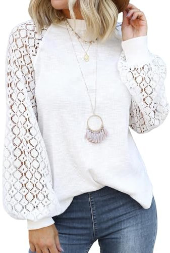 ZEAGOO Damen Elegant Blusen Rundhals Langarm Oberteile Solide Hemdbluse Spitzen Arm Tunika Bluse mit Laternenärmeln Weiß M