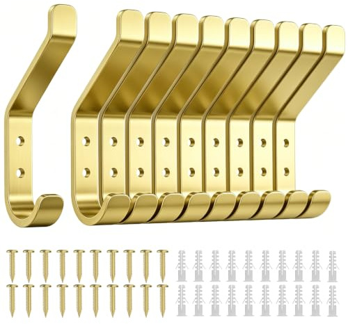 susswiff 10 Ganchos para Puerta, Acabado Dorado, Fabricados en Aluminio Premium, 10 Ganchos para Colgar Abrigos, Ganchos de Pared para Abrigos, Chaquetas y Sombreros