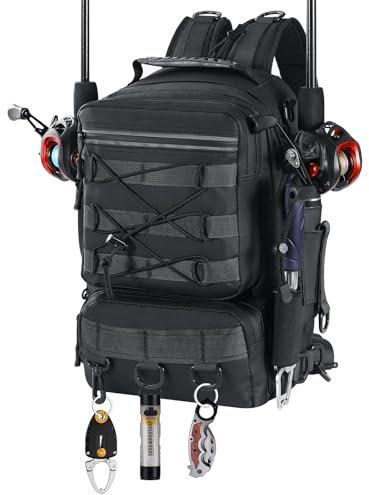 MoKo Angeln Rucksack Sling Bag (35 * 25 * 16cm) mit Rod & Gear Holder, Nylon wasserdicht Fishing Tackle Storage Bag für Camping, Wandern, Jagen, ideale Geschenke für Männer Vater, Schwarz