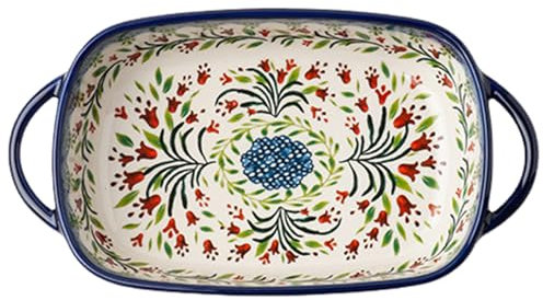 Hperu Plat à Cuisson, Plat de Four en céramique à 730 ML à la Chaleur à Deux poignées, Plat de Lasagne rectangulaire à imprimé Flor