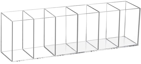 Flytreal Acrylic Pen Holder for Desk, 6 Compartments Clear Pencil Marker Makeup Brush Stationery Organizer for Art Supplies, Desk Accessories, Office Supplies, Vanity, Bathroom, Kitchen