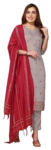 Sanisa Women's Chinnon Embroidery Work Straight Kurta with Trousers and Dupatta Set, Dusty Brown, M
