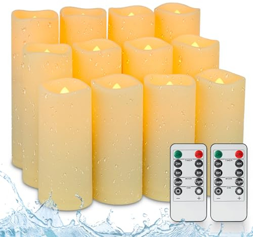 Fanna 12 elfenbensfärgade vattenresistenta flamlösa LED-ljus i plast med 2 fjärrkontroller, batteridrivna ljus med timer för bröllop och kyrka, för utomhusbruk - ⌀5,5 cm, H 12,5/15/18 cm