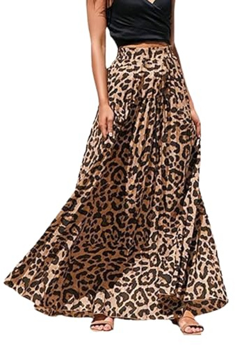 EMOTTOS Maxi Gonna Estiva da Donna, Stampa Leopardata, Gonna Bohémien, Slim Fit, Vita Alta, Bohémien, Vintage, Spiaggia, Vacanze, Tessuti Elasticizzati, Gonna Lunga a Linea fluida Swing Casual S