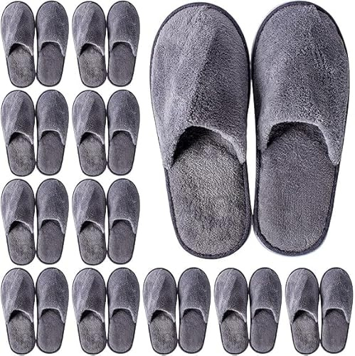 12 Pairs Disposable Hotel Slippers, Soft Coral Fleece Spa Slippers for Men Women, Washable Reusable House Shoes with Non-Slip Sole, Bulk Guest Slippers for Home, Travel, Wedding, Party & Salons - Grey