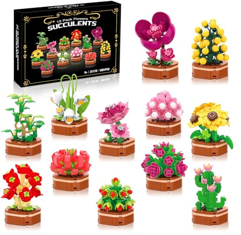 Ensemble de Construction 12 Fleurs et Succulentes, 1001 Pièces Blocs Botaniques DIY, Cadeau pour la fête des mères, Décoration Florale pour Adultes et Ados, Anniversaire Noël