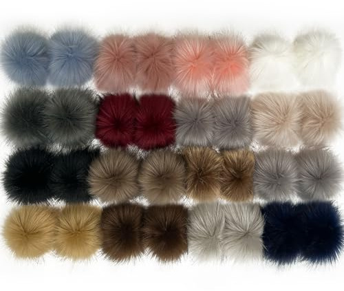 Allruyee 32 Pieces Pom Pom Faux Fur Pom Pom for Hats, Keychains, Scarves, Gloves & Bags Accessories with Elastic Loop, 16 Colours