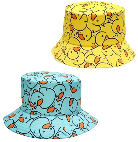 KQDRAVINE 2 stycken rolig ankhatt festival fiskarhatt Bucket hatt, kvinnor och män Anka Cap Vändbar mössa i blått och gult, för resor party karneval, strand, fiske och dagligt bruk