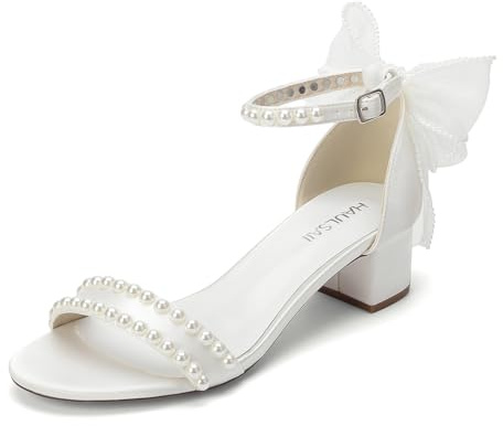 HAULSA Women's Pearl Embellished Wedding Sandals, White Block Heel with Butterfly Bow, Ankle Strap Bridal Shoes,1.8 inches (Ivory White, Adult, Women, 7, Numeric, US Footwear Size System, Medium)