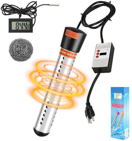 Fuairmee Upgraded 2000W Immersion Water Heater, with Digital LCD Thermometer, Bucket Heater with 304 Stainless Steel Guard for Bucket Bathtubs & Swimming Pool
